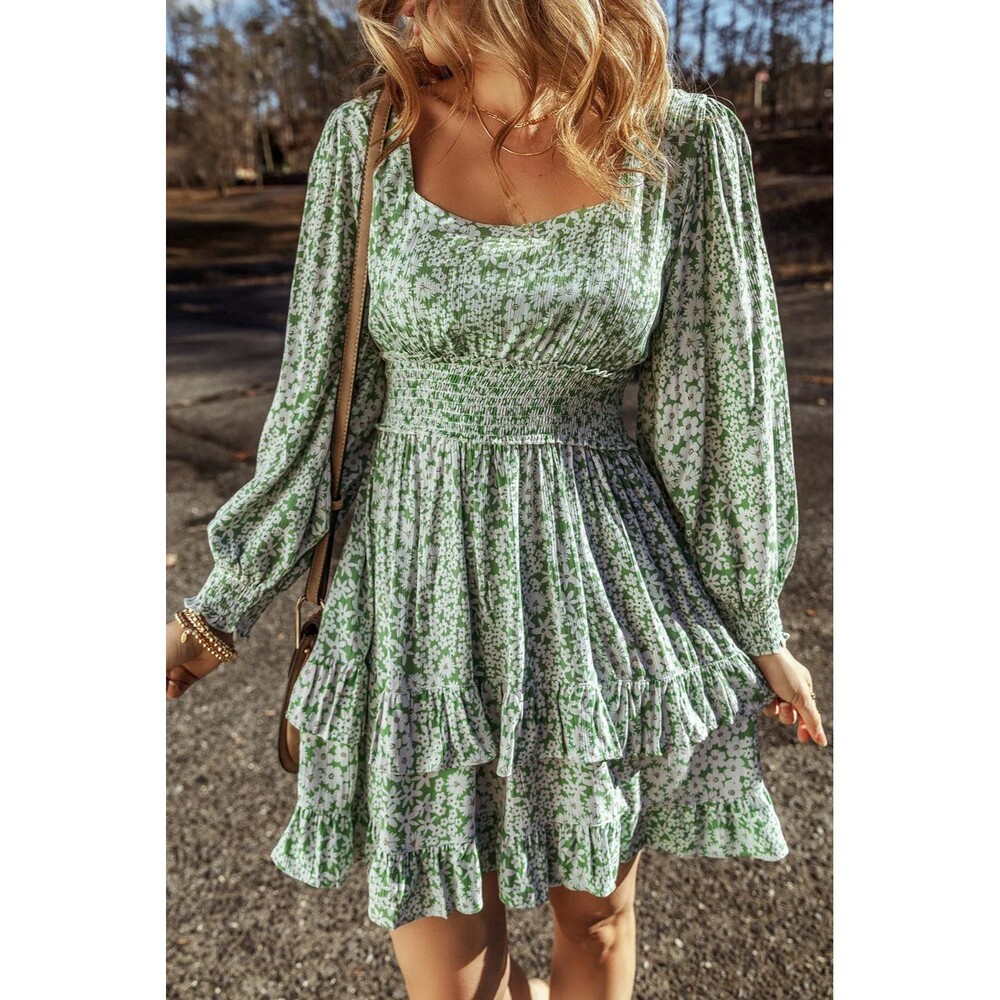 New Boho Ruffle Hem Floral Square Neck Long Sleeve Mini Dress Sage